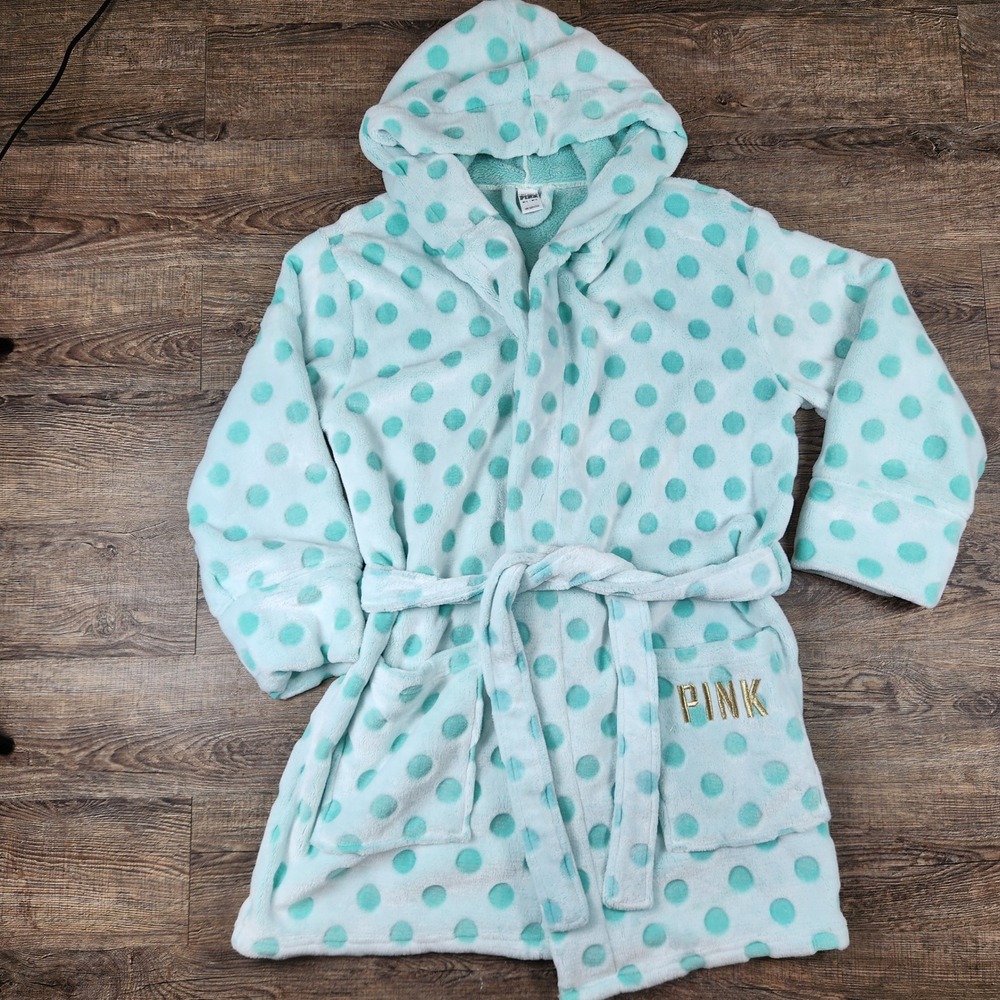 Victorias Secret PINK Polka Dot Plush Hooded Robe Mint Green Gold Logo Med Large